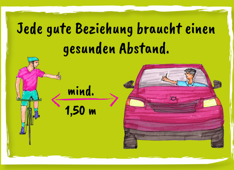 Postkarte 2 Postkarte: Ein Autofahrer überholt einen Radfahrer