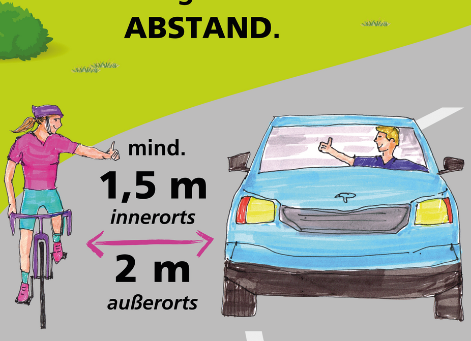 Plakat 1 Poster: Ein Autofahrer überholt eine Radfahrerin mit mind. 1,5 m Abstand. Beide schauen einander freundlich an.