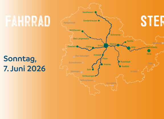 Header Sternfahrt 2026 Eine Karte mit den Routen der Sternfahrt nach Erfurt, Orte die durchfahren werden und der Text Fahrrad Sternfahrt, Sonntag 7. Juni 2026 sowie das Logo der Sternfahrt